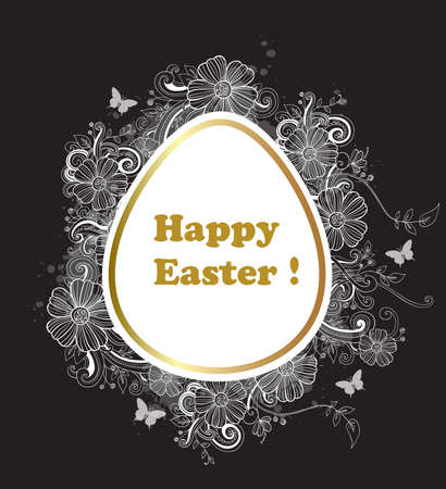Easter background with greeting inscription and hand drawn flowers. Vector illustration.のイラスト素材