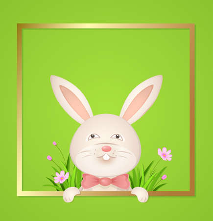 Rabbit with a red bow on a green background. Easter card. Vector illustration.のイラスト素材