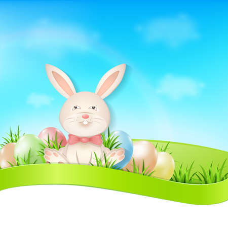Vector Easter card with eggs and rabbit. Vector illustration.のイラスト素材