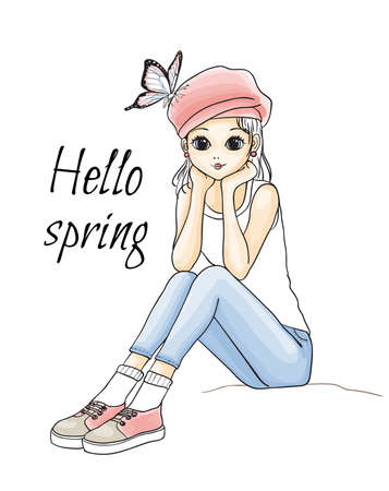 Cute young girl in pink hat with butterfly. Vector hand drawn illustration.のイラスト素材