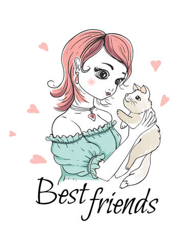 Cute  young girl with cat. Vector hand drawn illustration.のイラスト素材