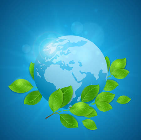 Planet Earth and green branch on a blue background. Vector illustration.のイラスト素材