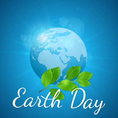Planet Earth and green branch on a blue background. Card for Earth Day.のイラスト素材