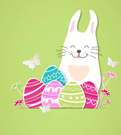 Decorative Easter card with rabbit and eggs on a green background. Vector illustration.のイラスト素材