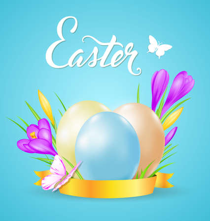 Easter card with eggs and violet crocuses on a blue backgroundのイラスト素材