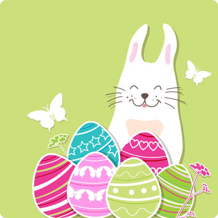 Decorative Easter card with rabbit and eggs on a green background. Vector illustration.のイラスト素材