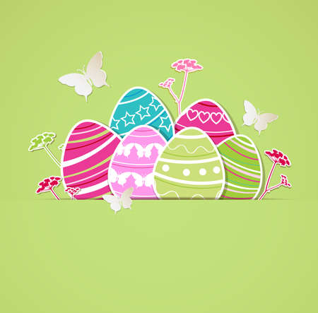 Decorative Easter card with eggs on a green background. Vector illustration.のイラスト素材