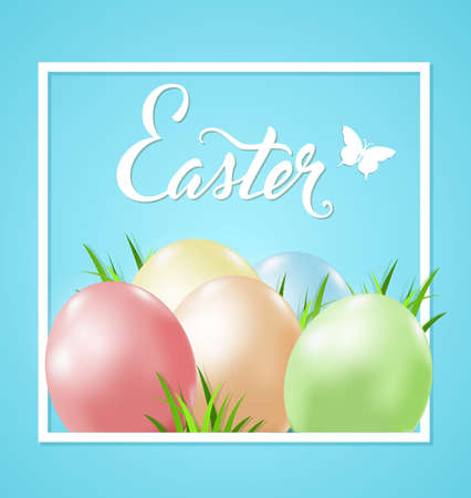 Easter card with eggs and green grass in white frame on a blue backgroundのイラスト素材