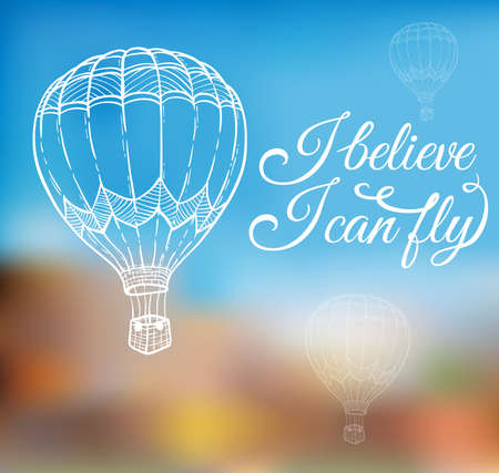 Hand drawn vector air balloon flying in the blue skyのイラスト素材