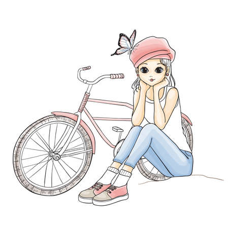 Cute young girl in pink hat with a bicycle. Vector hand drawn illustration.のイラスト素材