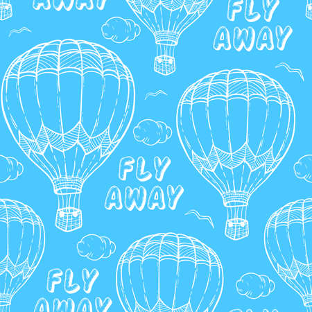 Hand drawn vector seamless pattern with air balloons flying in the blue skyのイラスト素材