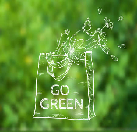Reusable shopping  eco bag with flowers on a green blurred background. Vector illustration.のイラスト素材