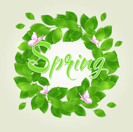 Round floral frame with green leaves and butterfly. Vector illustration.のイラスト素材
