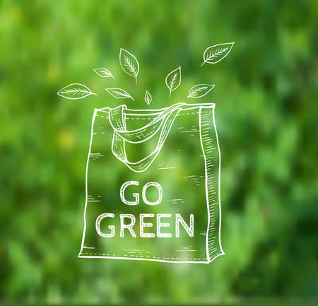 Reusable shopping  eco bag on a green blurred background. Vector illustration.のイラスト素材