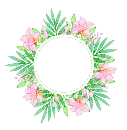 Watercolor hand drawn floral background with tropical flowers and green leavesの写真素材