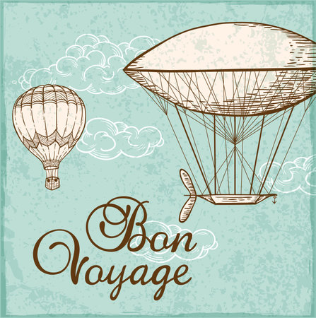 Vintage background with air balloons flying in the sky. Hand drawn vector illustration.のイラスト素材