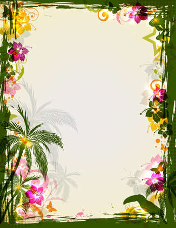 Vector bright tropical frame with palms and toucan. Summer floral background.のイラスト素材