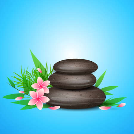 Blue vector background with green leaves, spa stones and pink tropical flowers.のイラスト素材