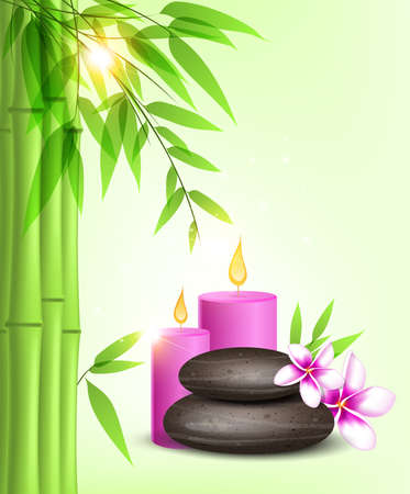 Vector background with green bamboo, spa stones and pink candles.のイラスト素材