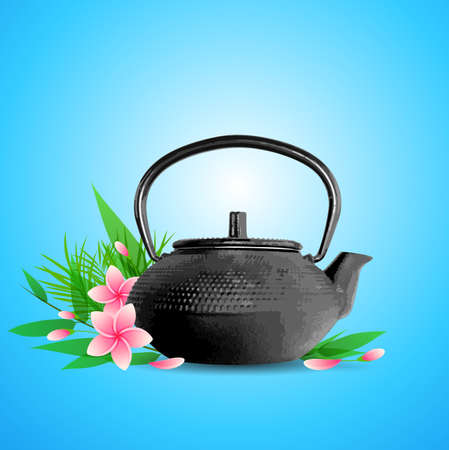 Vector background with pink  tropical flowers, green leaves and teapotのイラスト素材