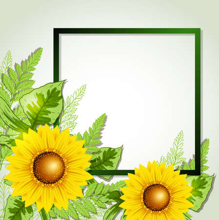 Summer background with green leaves and sunflowers. Summer card with place for text. Vector illustration.のイラスト素材