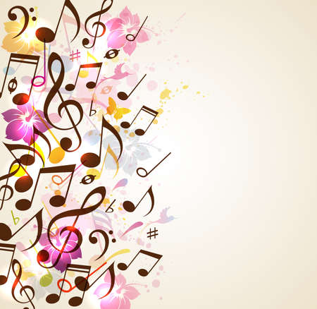 Abstract vector music background with notes and tropical flowers. Background for summer music party.のイラスト素材