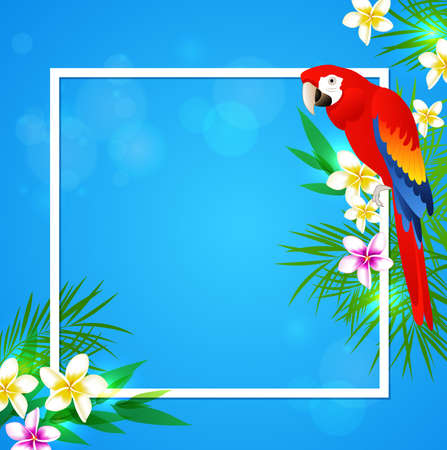 Summer vector background with tropical flowers and parrot. Tropical frame with place for text.のイラスト素材