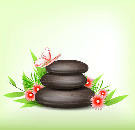 Vector background with green leaves, spa stones and tropical flowers.のイラスト素材