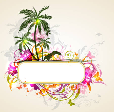 Vector bright tropical background with palms and toucan. Summer banner with tropical flowers.のイラスト素材