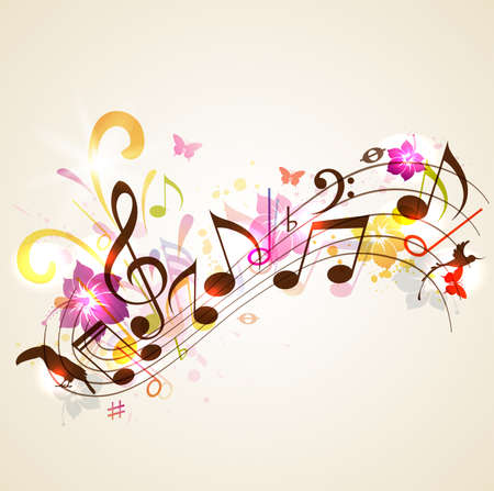 Abstract vector music background with notes and tropical flowers. Background for summer music party.のイラスト素材