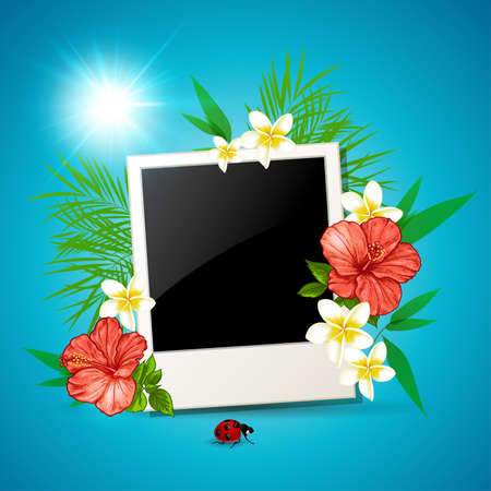 Photo and tropical flowers on a blue background. Vector illustration.のイラスト素材