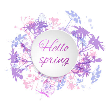 Abstract vector floral background with flowers and butterflies. Round banner with flowers.のイラスト素材