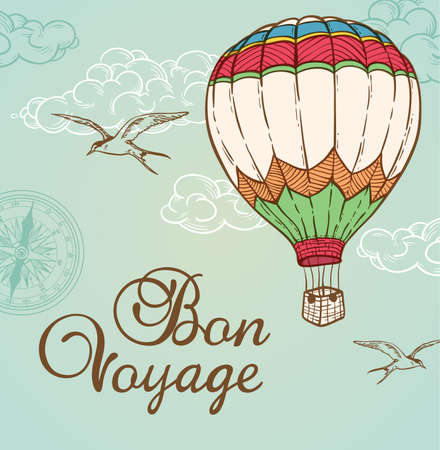Green vintage background with air balloon flying in the sky. Hand drawn vector illustration.のイラスト素材