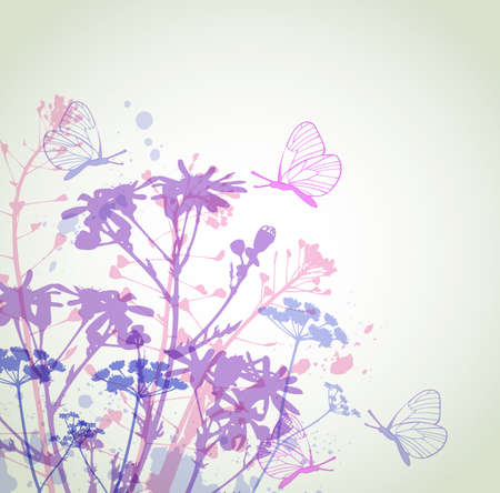 Abstract vector floral background with flowers and butterflies. Wildflowers and chamomiles. Silhouette of flowers.のイラスト素材
