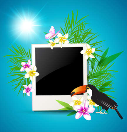 Photo, tropical flowers and toucan on a blue background. Vector illustration.のイラスト素材