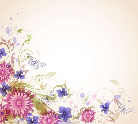 Abstract vector floral background with pink flowers and butterflies.のイラスト素材