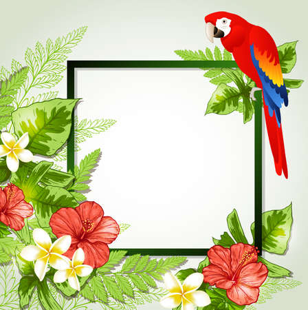 Summer background with red tropical flowers and parrot. Decorative summer floral frame with place for text.のイラスト素材