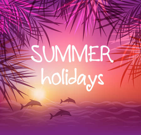 Summer tropical background with palm leaves and dolphins. Tropical sunset and sea.のイラスト素材