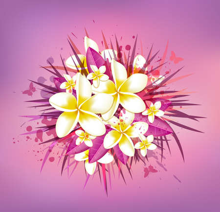 Abstract floral background with tropical flowers. Bouquet of tropical flowers on a pink background.のイラスト素材
