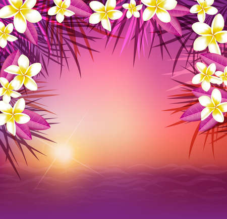 Summer tropical background with palm leaves and flowers. Tropical sunset and sea.のイラスト素材