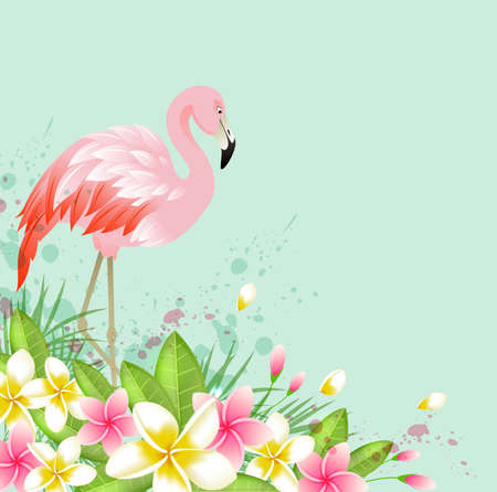 Tropical background with flowers and pink flamingo. Abstract green vector nature background.のイラスト素材