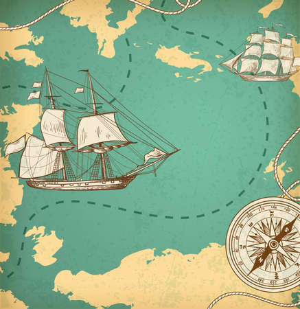 Vintage vector map with sailing vessels. Ancient map with ships and compass.のイラスト素材