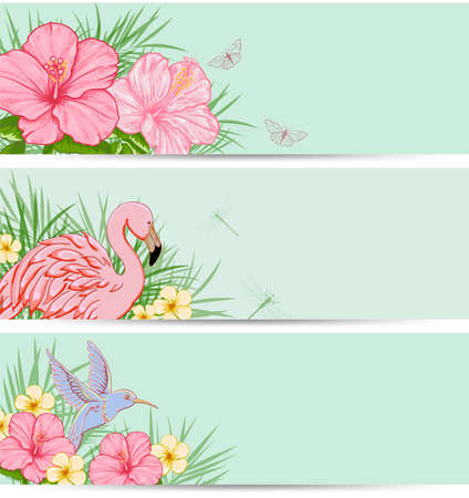Horizontal tropical banners with flowers and leaves. Green vector nature backgrounds with birds and flowers.のイラスト素材