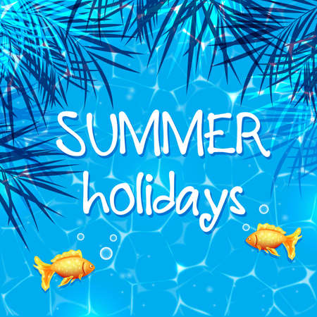 Blue summer marine background with golden fishes and palm branches. Tropical vector background.のイラスト素材