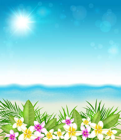 Tropical summer background with flowers and leaves. Pink and yellow tropical flowers and beach.のイラスト素材