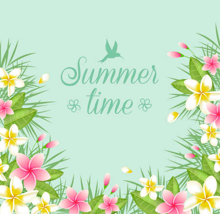 Green vector nature background with tropical flowers. Summer tropical banner.のイラスト素材