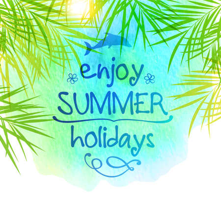 Summer tropical background with palm leaves and watercolor texture.のイラスト素材