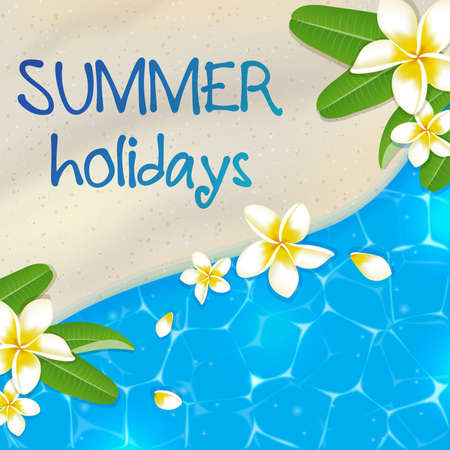 Sandy beach and blue sea water. Tropical vector background with flowers and message.のイラスト素材