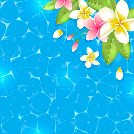 Tropical summer background with flowers and leaves in blue water. Tropical flowers on a blue background.のイラスト素材