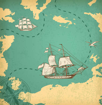 Vintage vector map with sailing vessels. Ancient map with ships.のイラスト素材